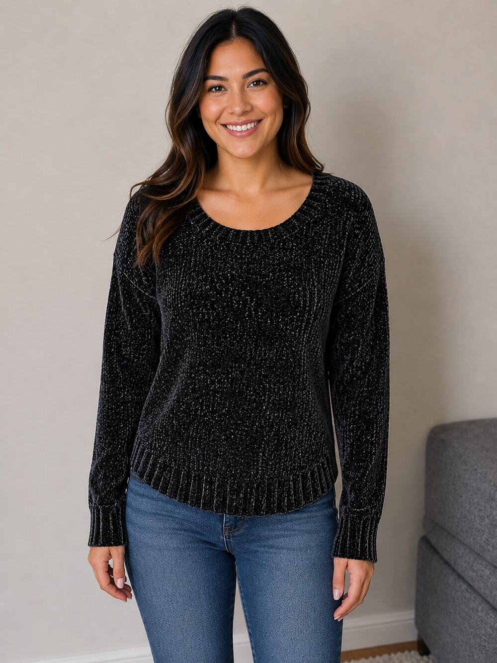 Seven7 Black Charcoal Chenille Sweater Women’s Small Soft Cozy Knit